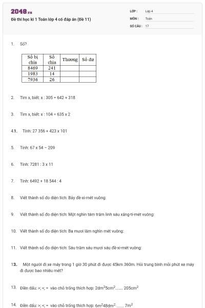 Đề thi học kì 1 Toán lớp 4 có đáp án (Đề 11)