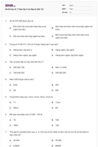 Đề thi học kì 1 Toán lớp 4 có đáp án (Đề 12)