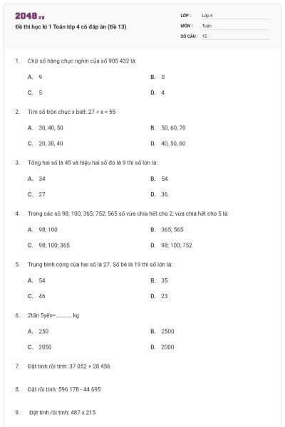 Đề thi học kì 1 Toán lớp 4 có đáp án (Đề 13)