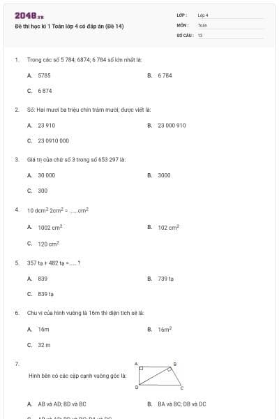 Đề thi học kì 1 Toán lớp 4 có đáp án (Đề 14)