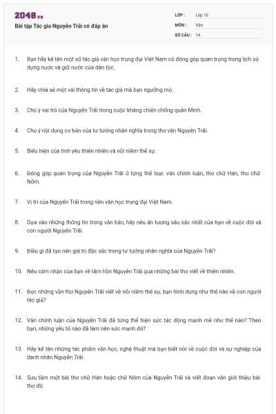 Bài tập Tác gia Nguyễn Trãi có đáp án