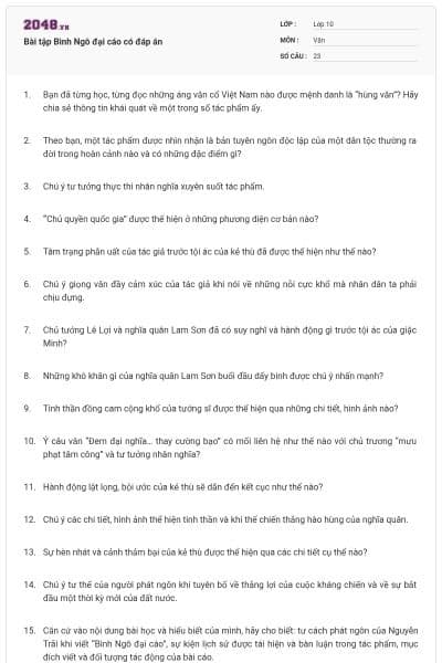 Bài tập Bình Ngô đại cáo có đáp án