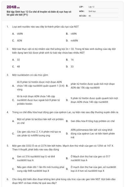 Bài tập Sinh học 12 Cơ chế di truyền và biến dị cực hay có lời giải chi tiết (P1)