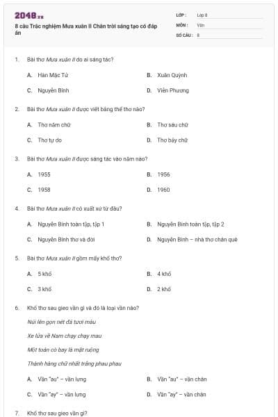 8 câu Trắc nghiệm Mưa xuân II Chân trời sáng tạo có đáp án