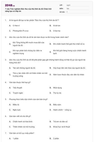 7 câu Trắc nghiệm Bức thư của thủ lĩnh da đỏ Chân trời sáng tạo có đáp án