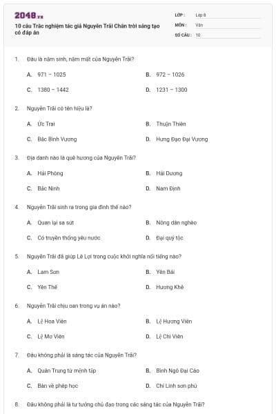 10 câu Trắc nghiệm tác giả Nguyễn Trãi Chân trời sáng tạo có đáp án