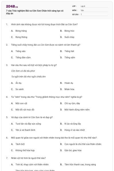 7 câu Trắc nghiệm Bài ca Côn Sơn Chân trời sáng tạo có đáp án