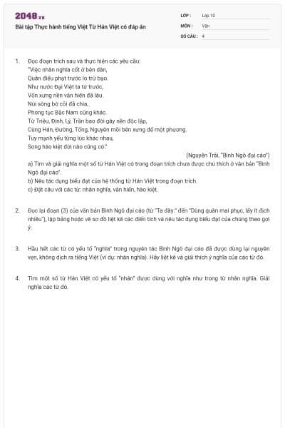 Bài tập Thực hành tiếng Việt Từ Hán Việt có đáp án