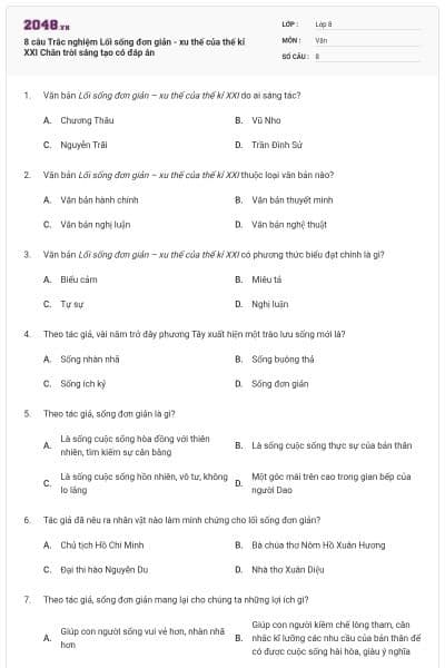 8 câu Trắc nghiệm Lối sống đơn giản - xu thế của thế kỉ XXI Chân trời sáng tạo có đáp án