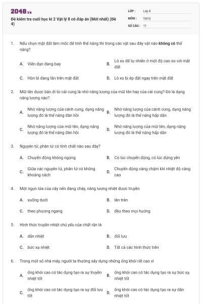 Đề kiểm tra cuối học kì 2 Vật lý 8 có đáp án (Mới nhất) (Đề 4)