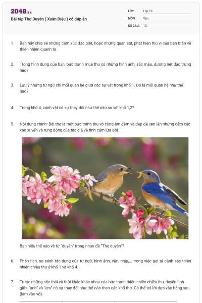 Bài tập Thơ Duyên ( Xuân Diệu ) có đáp án