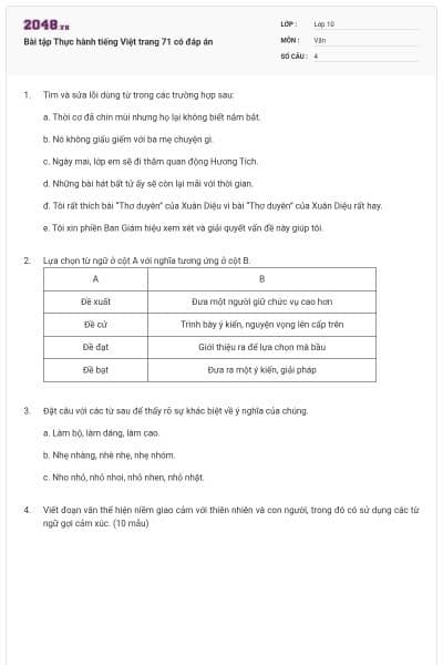 Bài tập Thực hành tiếng Việt trang 71 có đáp án