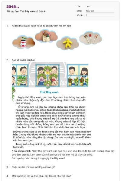 Bài tập Đọc: Thứ Bảy xanh có đáp án