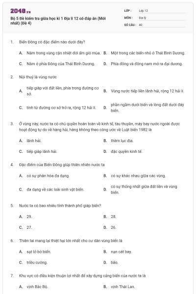 Bộ 5 Đề kiểm tra giữa học kì 1 Địa lí 12 có đáp án (Mới nhất) (Đề 4)