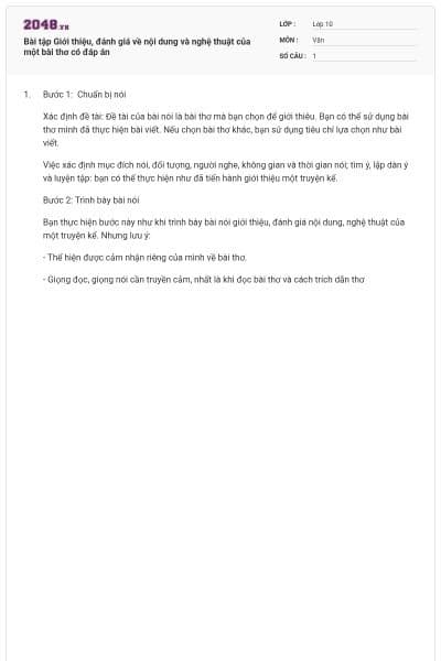 Bài tập Giới thiệu, đánh giá về nội dung và nghệ thuật của một bài thơ có đáp án