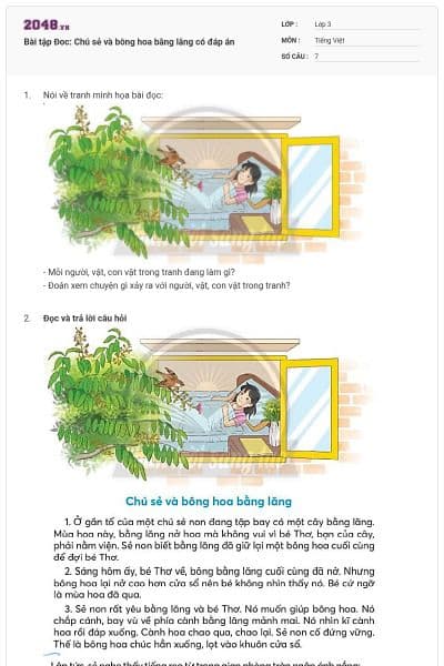 Bài tập Đoc: Chú sẻ và bông hoa bằng lăng có đáp án