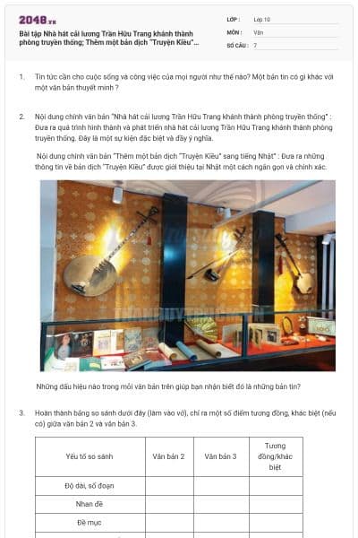 Bài tập Nhà hát cải lương Trần Hữu Trang khánh thành phòng truyền thống;  Thêm một bản dịch “Truyện Kiều” sang tiếng Nhật có đáp án