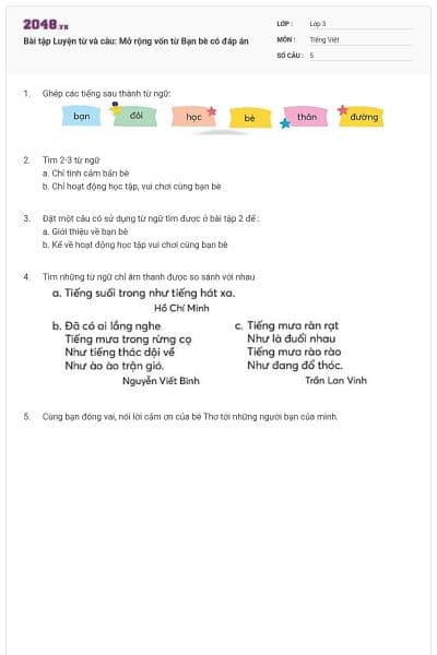 Bài tập Luyện từ và câu: Mở rộng vốn từ Bạn bè có đáp án