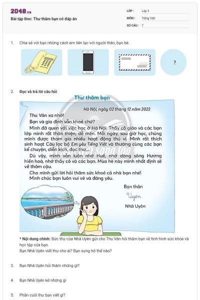 Bài tập Đoc: Thư thăm bạn có đáp án