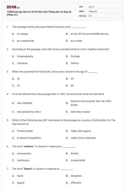 15000 bài tập tách từ đề thi thử môn Tiếng Anh có đáp án (Phần 61)