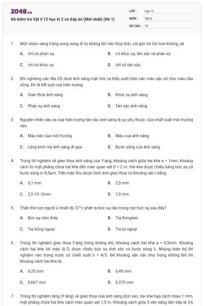 Đề kiểm tra Vật lí 12 học kì 2 có đáp án (Mới nhất) (Đề 1)