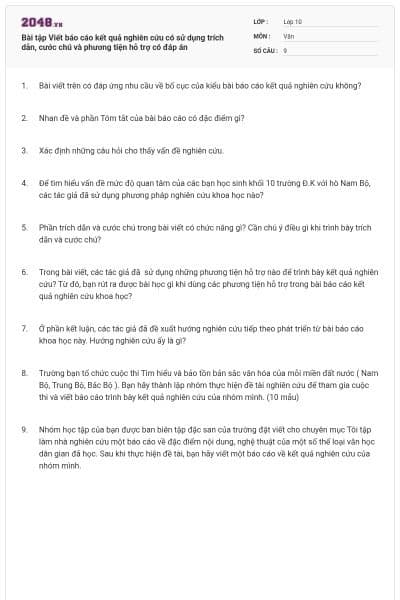 Bài tập Viết báo cáo kết quả nghiên cứu có sử dụng trích dẫn, cước chú và phương tiện hỗ trợ có đáp án