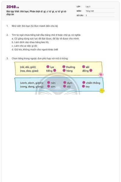 Bài tập Viết: Đôi bạn; Phân biệt d/ gi, r/ d/ gi, u/ d/ gi có đáp án