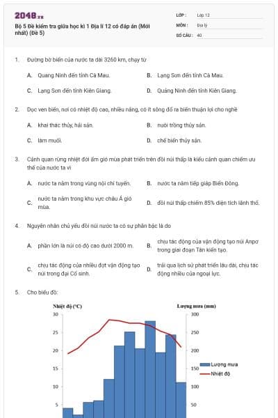 Bộ 5 Đề kiểm tra giữa học kì 1 Địa lí 12 có đáp án (Mới nhất) (Đề 5)