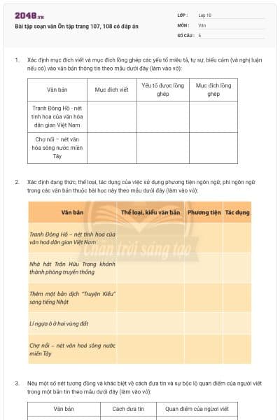 Bài tập soạn văn Ôn tập trang 107, 108 có đáp án