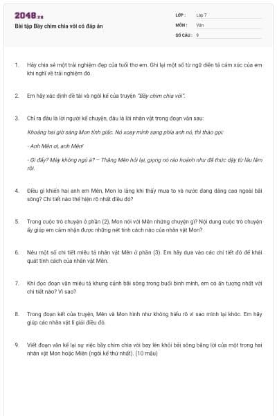 Bài tập Bầy chim chìa vôi có đáp án