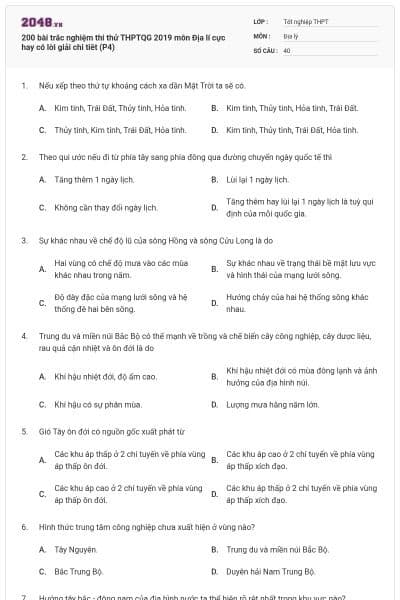 200 bài trắc nghiệm thi thử THPTQG 2019 môn Địa lí cực hay có lời giải chi tiêt (P4)