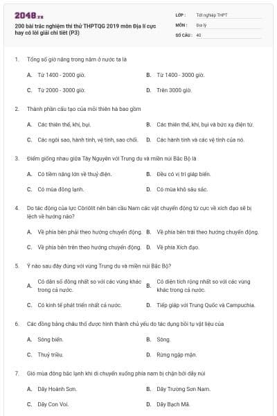 200 bài trắc nghiệm thi thử THPTQG 2019 môn Địa lí cực hay có lời giải chi tiêt (P3)