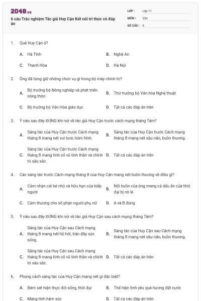 6 câu Trắc nghiệm Tác giả Huy Cận Kết nối tri thức có đáp án