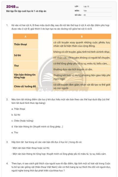 Bài tập Ôn tập cuối học kì 1 có đáp án