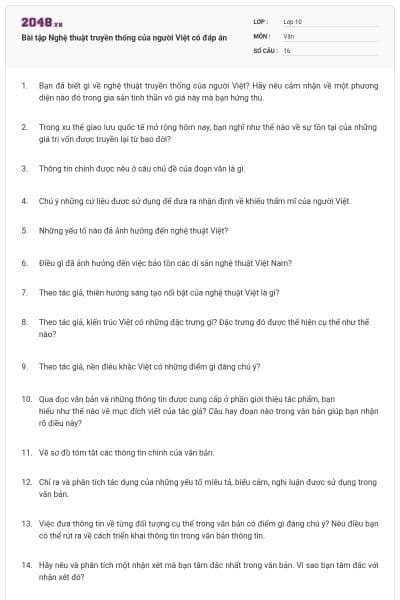 Bài tập Nghệ thuật truyền thống của người Việt có đáp án