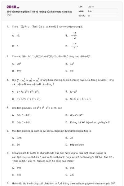 100 câu trắc nghiệm Tích vô hướng của hai vectơ nâng cao (P3)