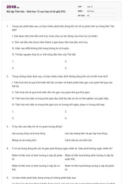 Bài tập Tiến hóa - Sinh học 12 cực hay có lời giải (P2)