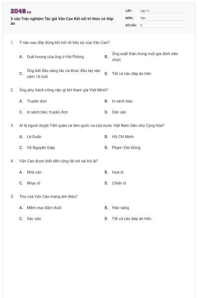5 câu Trắc nghiệm Tác giả Văn Cao Kết nối tri thức có đáp án