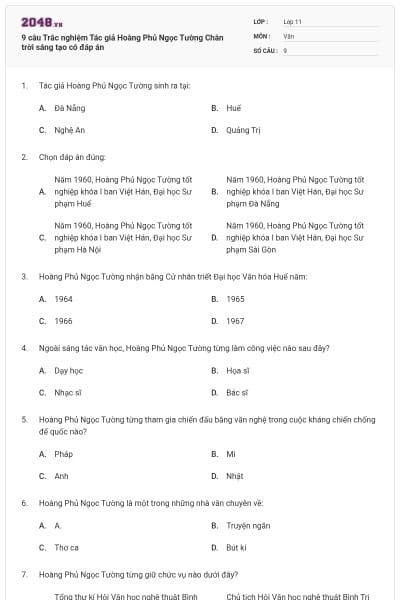 9 câu Trắc nghiệm Tác giả Hoàng Phủ Ngọc Tường Chân trời sáng tạo có đáp án