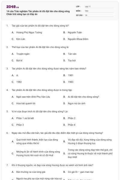 14 câu Trắc nghiệm Tác phẩm Ai đã đặt tên cho dòng sông Chân trời sáng tạo có đáp án