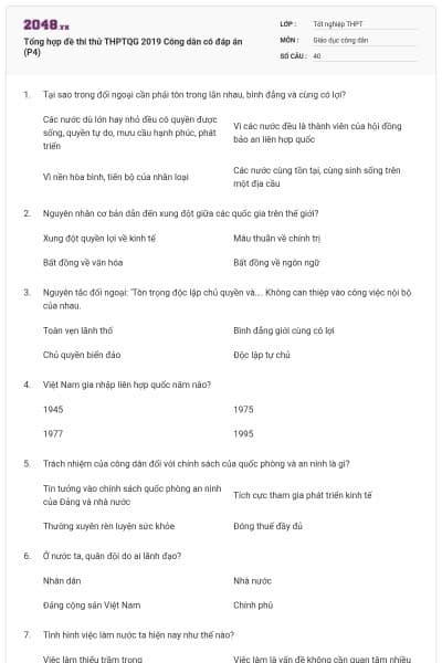 Tổng hợp đề thi thử THPTQG 2019 Công dân có đáp án (P4)