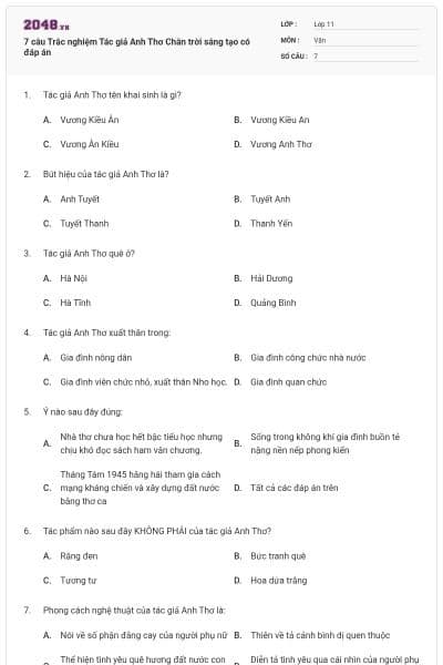 7 câu Trắc nghiệm Tác giả Anh Thơ Chân trời sáng tạo có đáp án