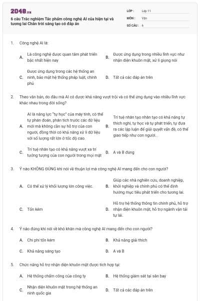 6 câu Trắc nghiệm Tác phẩm công nghệ Al của hiện tại và tương lai Chân trời sáng tạo có đáp án