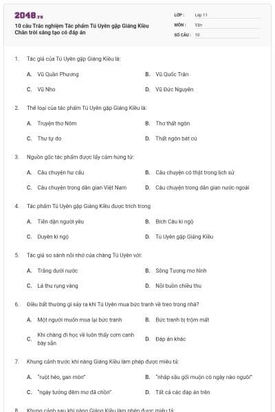 10 câu Trắc nghiệm Tác phẩm Tú Uyên gặp Giáng Kiều Chân trời sáng tạo có đáp án