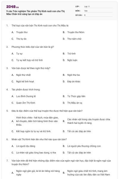 9 câu Trắc nghiệm Tác phẩm Thị Kính nuôi con cho Thị Mầu Chân trời sáng tạo có đáp án