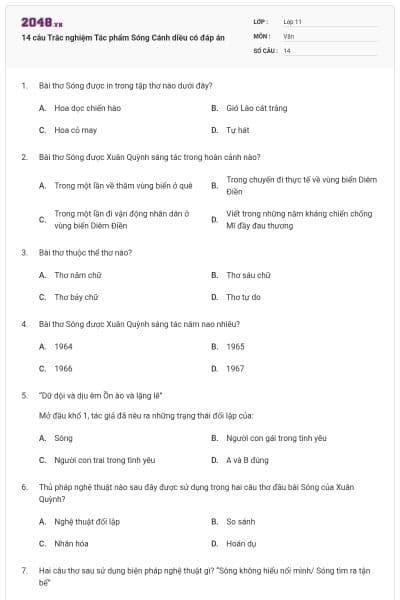 14 câu Trắc nghiệm Tác phẩm Sóng Cánh diều có đáp án