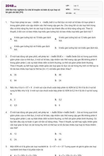 200 Bài trắc nghiệm Cơ chế di truyền và biến dị cực hay có lời giải chi tiết (P4)