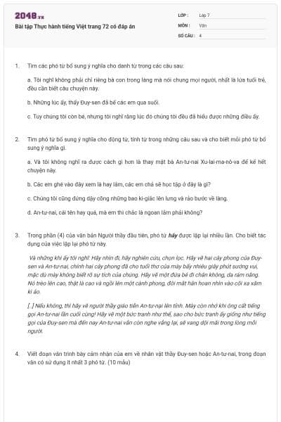 Bài tập Thực hành tiếng Việt trang 72 có đáp án