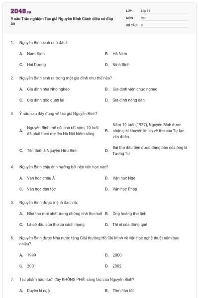 9 câu Trắc nghiệm Tác giả Nguyễn Bính Cánh diều có đáp án