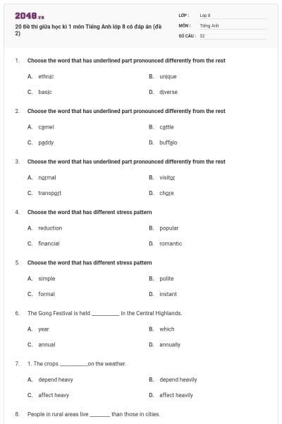 20 Đề thi giữa học kì 1 môn Tiếng Anh lớp 8 có đáp án (đề 2)